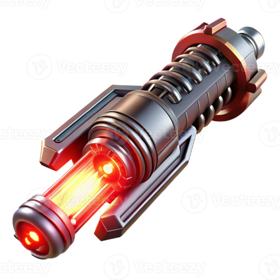 elegant modern A futuristic weapon, sleek and metallic with glowing energy coils and intricate engravings, levitating in mid-air, illuminated by a dramatic red light in a sci-fi style original png