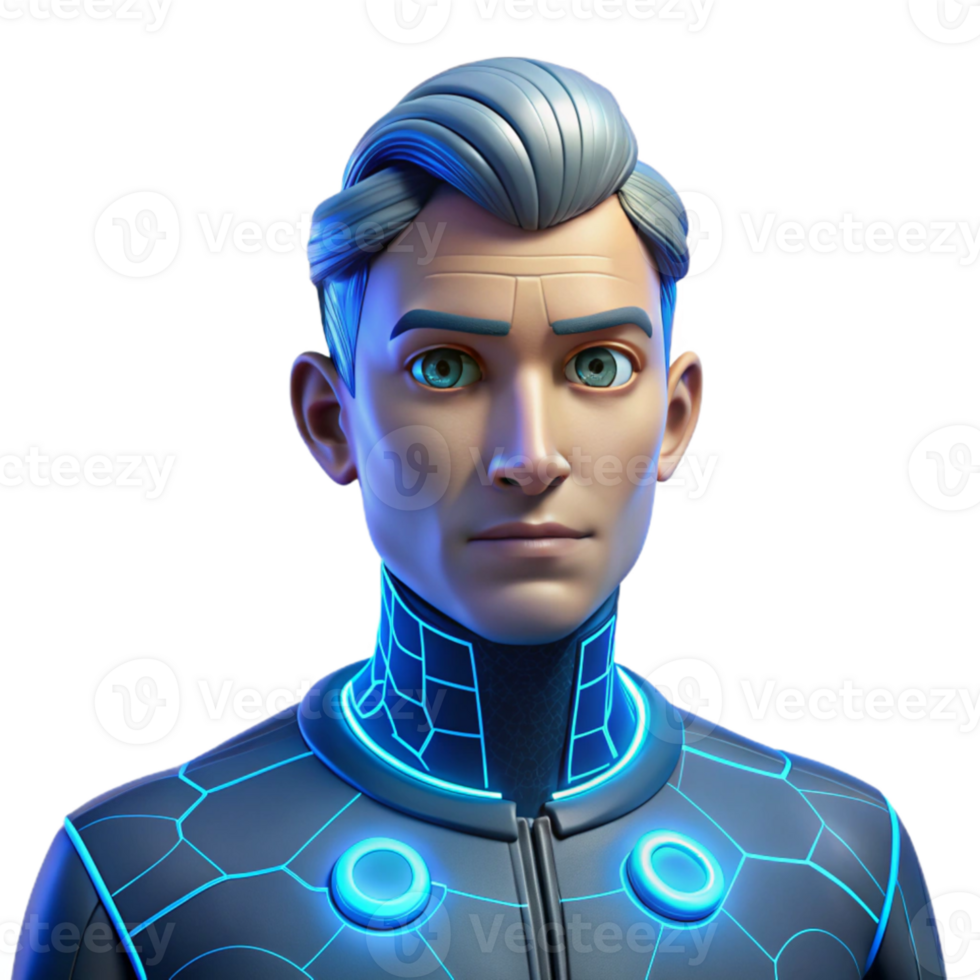 beautiful vintage Portrait of a cyborg with glowing blue circuitry embedded in their skin, lit by a pulsating neon grid, in a futuristic style high resolution png