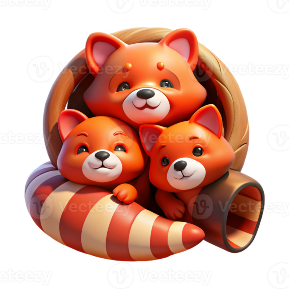 stunning contemporary A family of red pandas curled up in a hollow log, warm, soft lighting, storybook illustration style high resolution png
