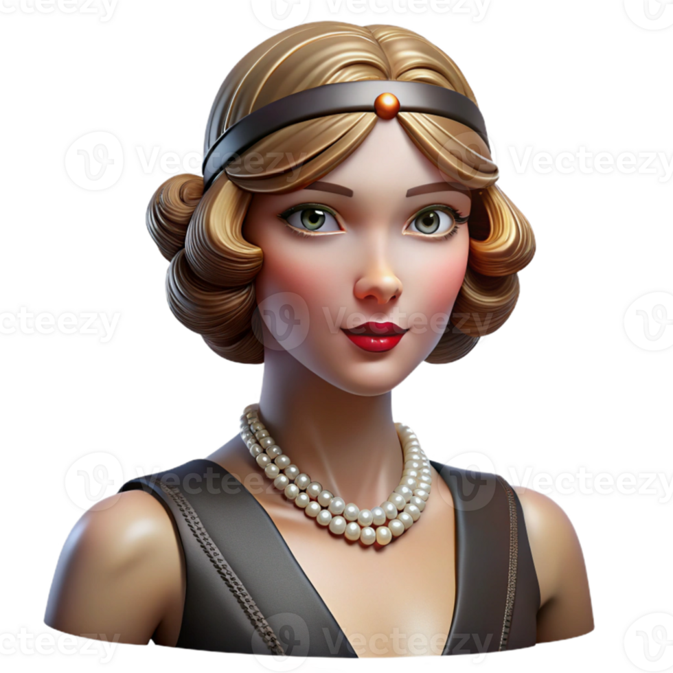 beautiful contemporary Portrait of a glamorous woman with 1920s flapper makeup and attire, lit by art deco style lighting, in the style of Tamara de Lempicka high resolution png
