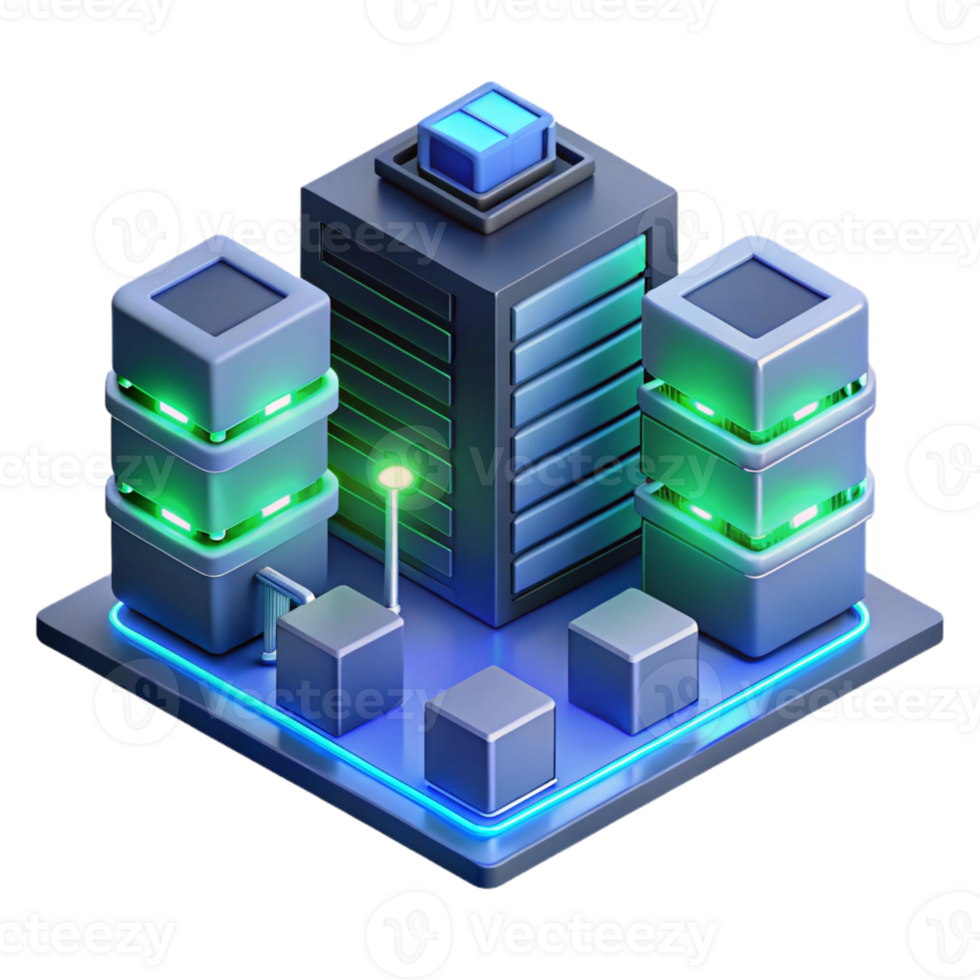 impressive vintage A futuristic data center, servers glowing with blue and green LEDs, complex network cables connecting everything, isometric perspective, technical illustration style 4K png