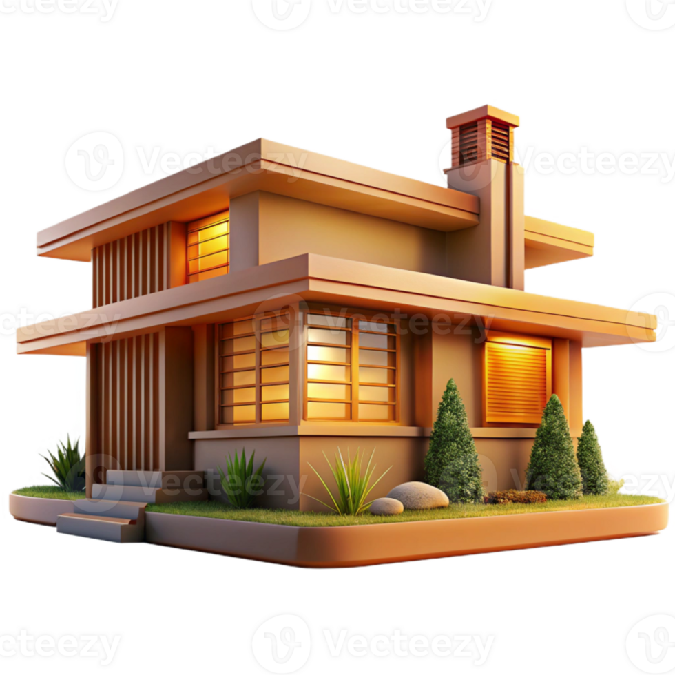 dramatic modern Frank Lloyd Wright house, prairie style, horizontal lines, natural materials, integration with nature, warm light exclusive png