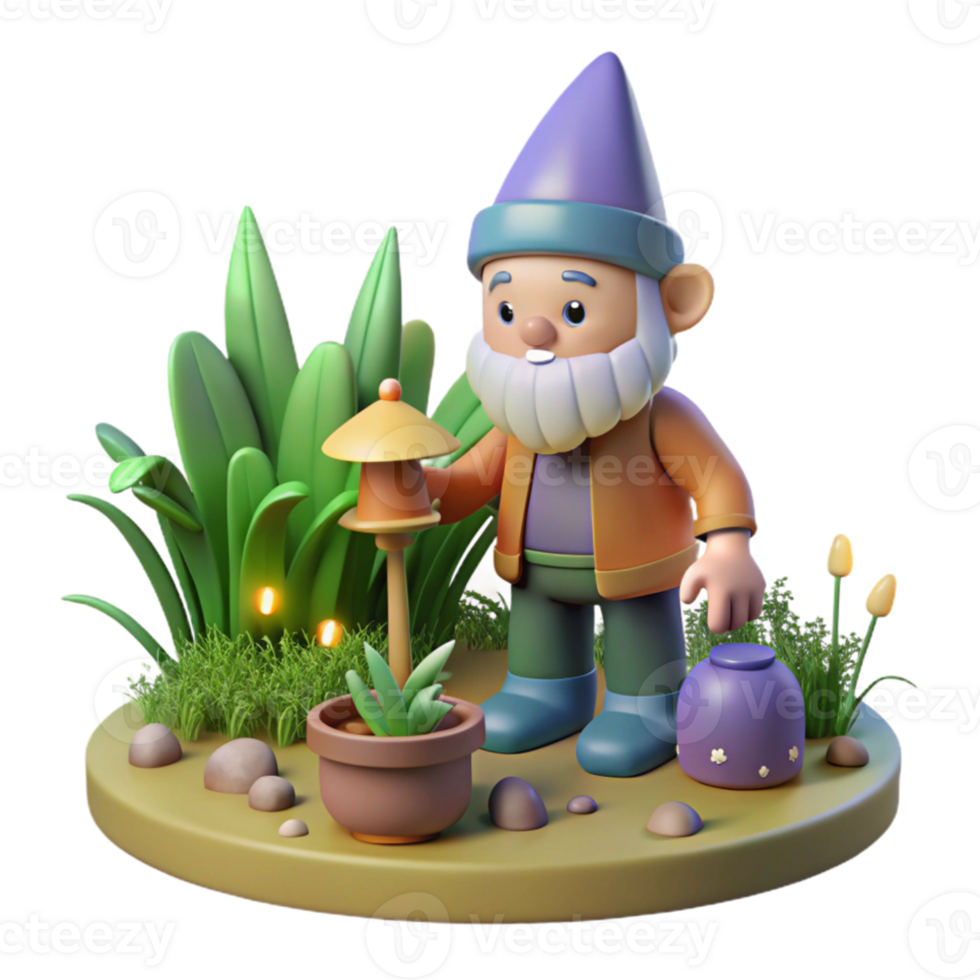 impressive abstract A whimsical gnome with a pointed hat, tending a magical garden filled with glowing plants. Children's book illustration style exclusive png