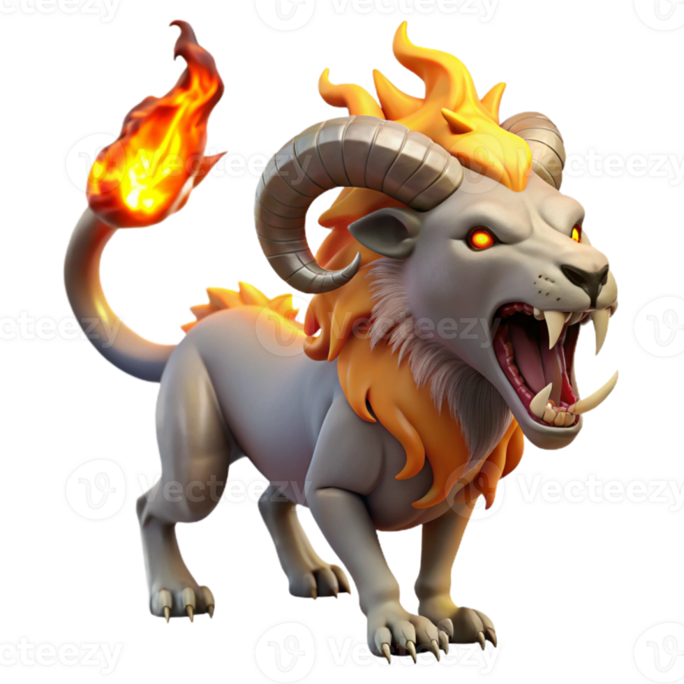 extraordinary modern A fierce chimera breathing fire, with a lion's head, a goat's body, and a serpent's tail, illuminated by the flames it exhales. Gothic style detailed png