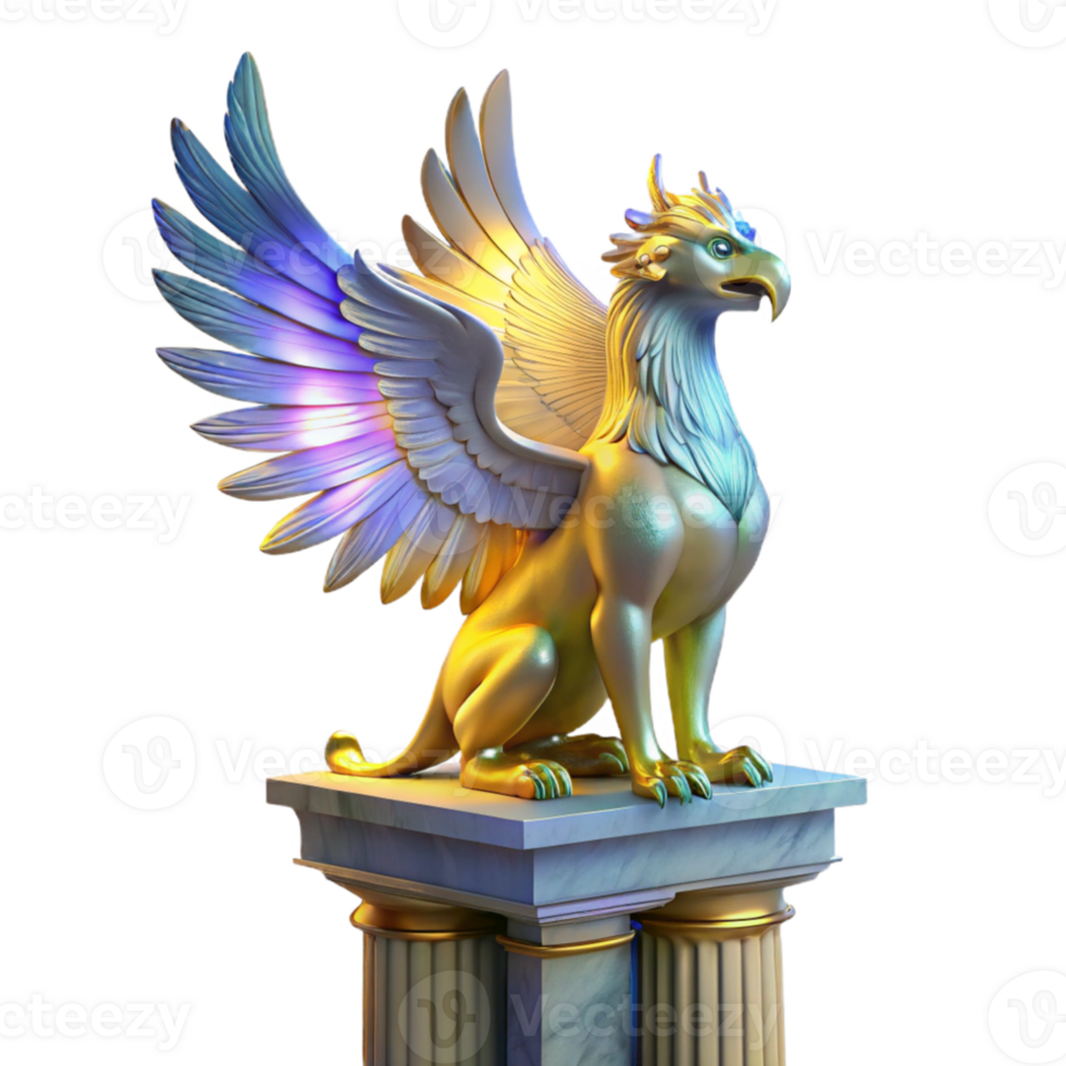 elegant contemporary A majestic griffin with iridescent feathers, perched atop a crumbling marble pillar, lit by a single shaft of golden light. Art Deco style 4K png