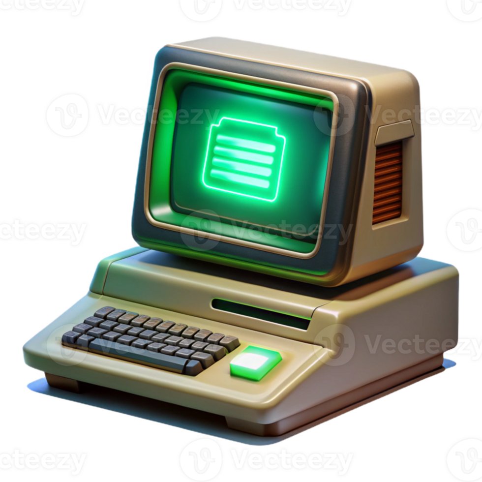 impressive vintage A vintage computer terminal displaying cryptic messages, illuminated by flickering green phosphor light, in a retro style professional png