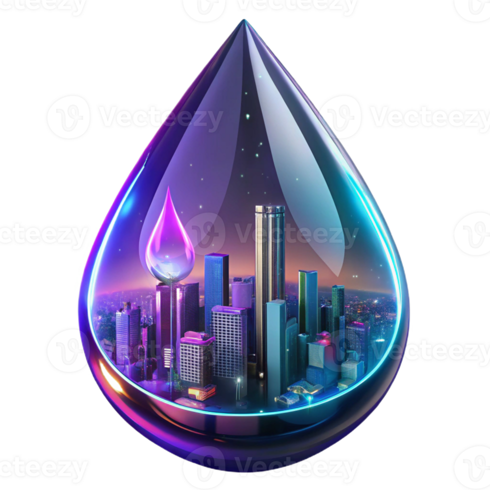 magnificent minimalist A futuristic cityscape reflected in a raindrop on a window, neon lights blurring and distorting, in a cyberpunk style high quality png