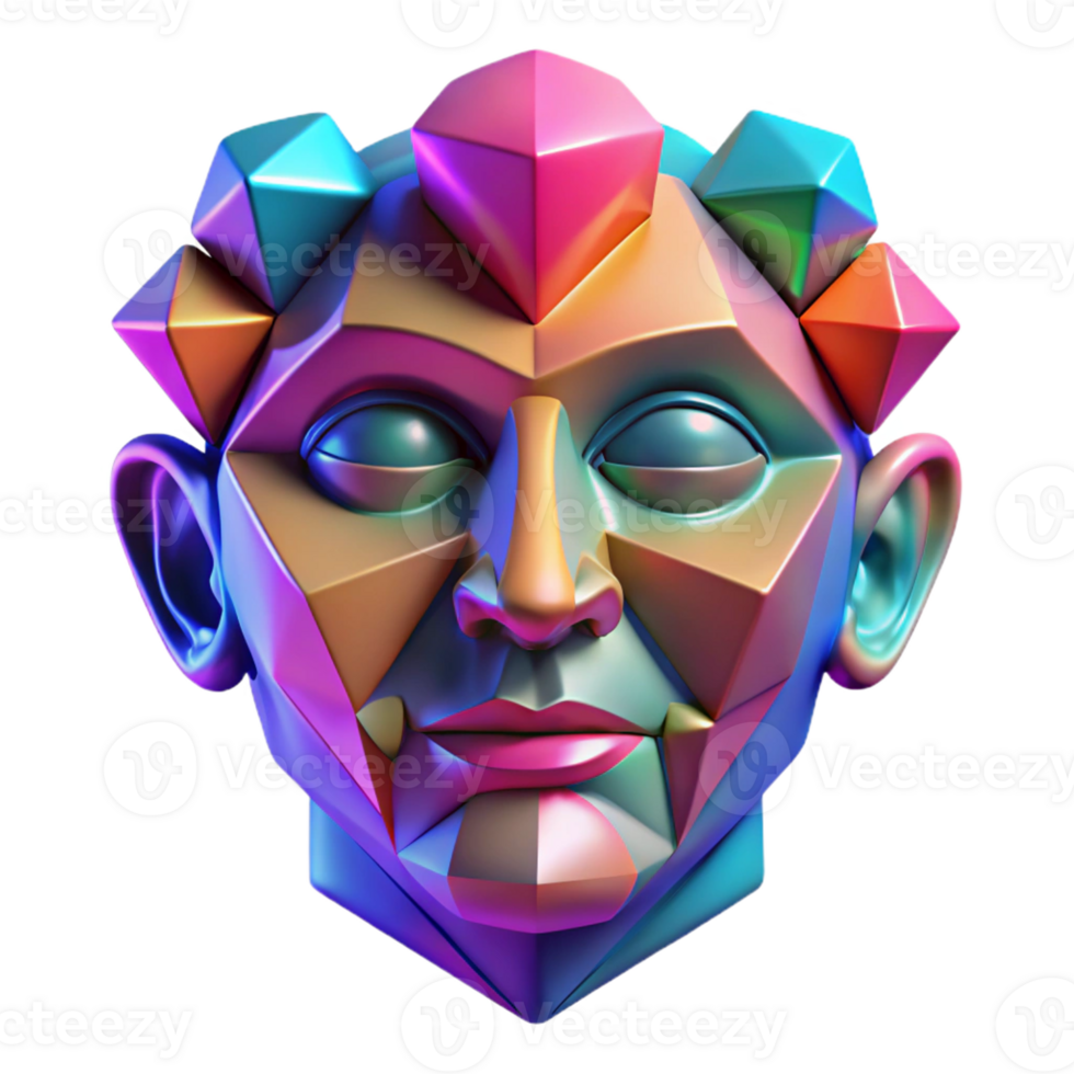 dramatic minimalist A cascade of colorful geometric shapes forming a human face. Synthwave style high resolution png