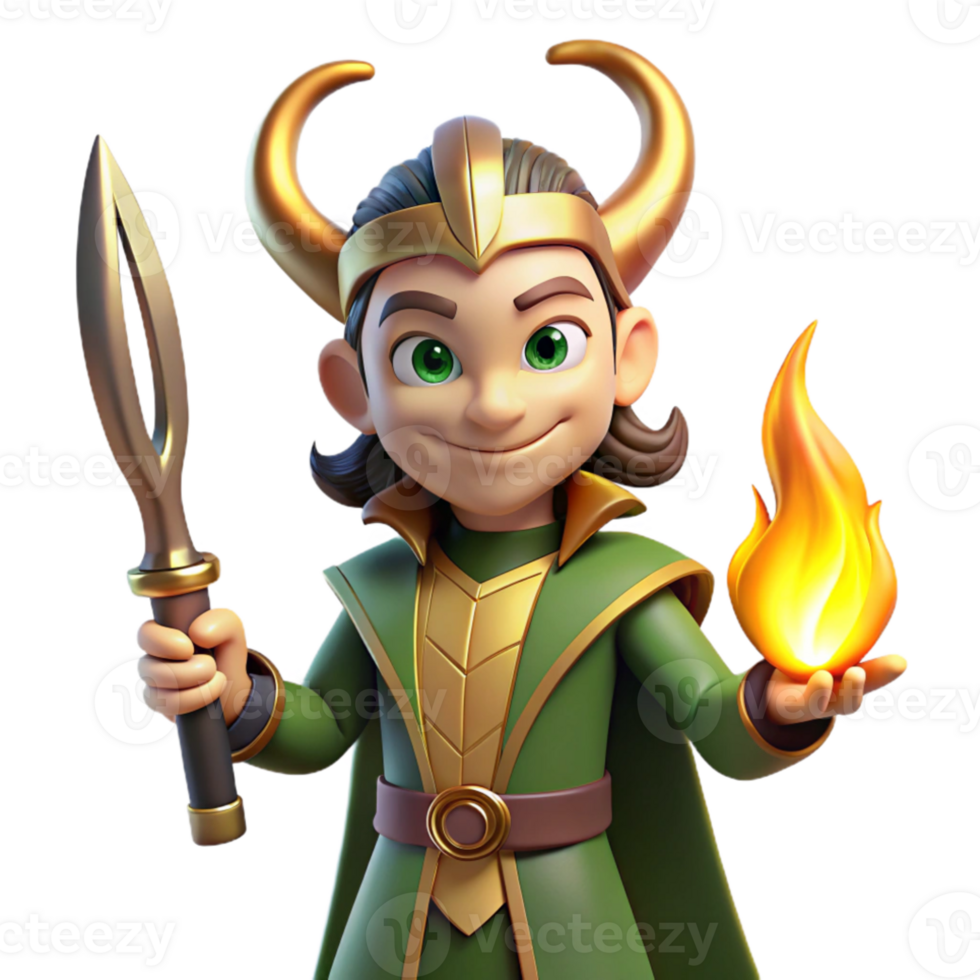 stunning abstract A cunning Loki, the Norse trickster god, with a mischievous grin, holding a flaming sword, illuminated by flickering firelight. Norse style authentic png