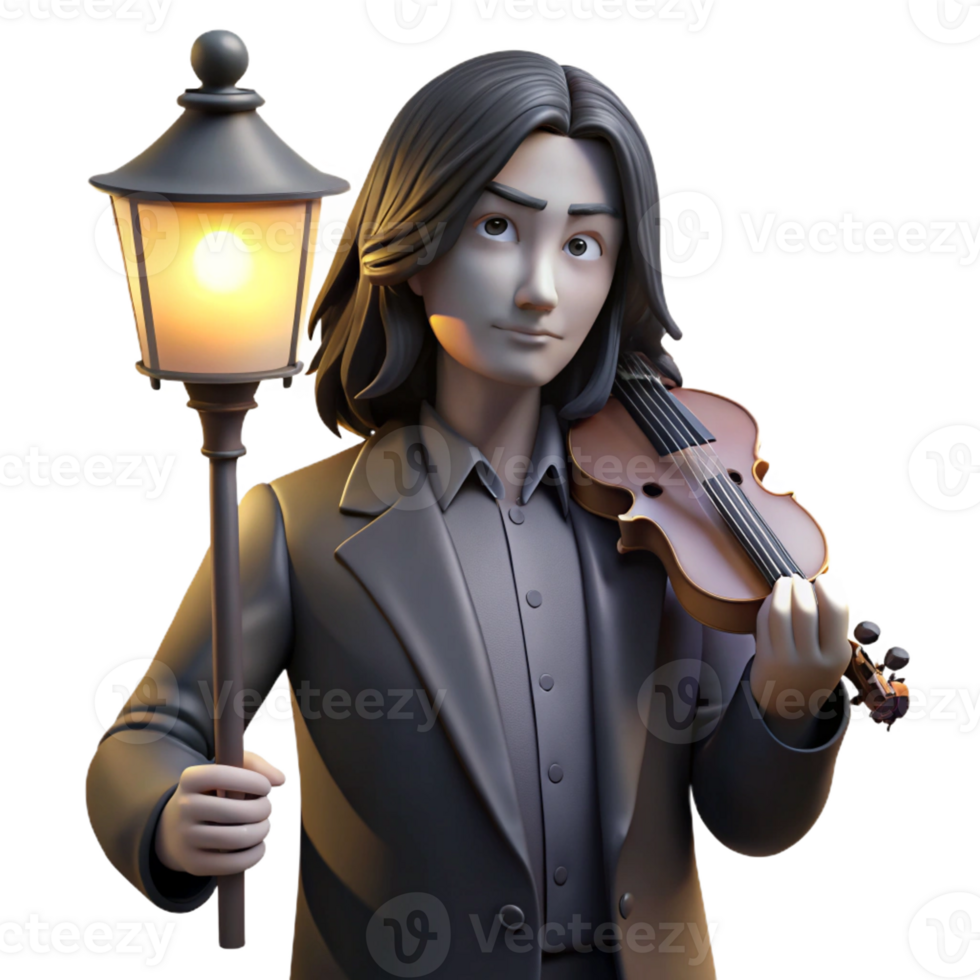 extraordinary classic Portrait of a melancholic musician with long dark hair, holding a violin, lit by a dim streetlight, in a noir art style genuine png