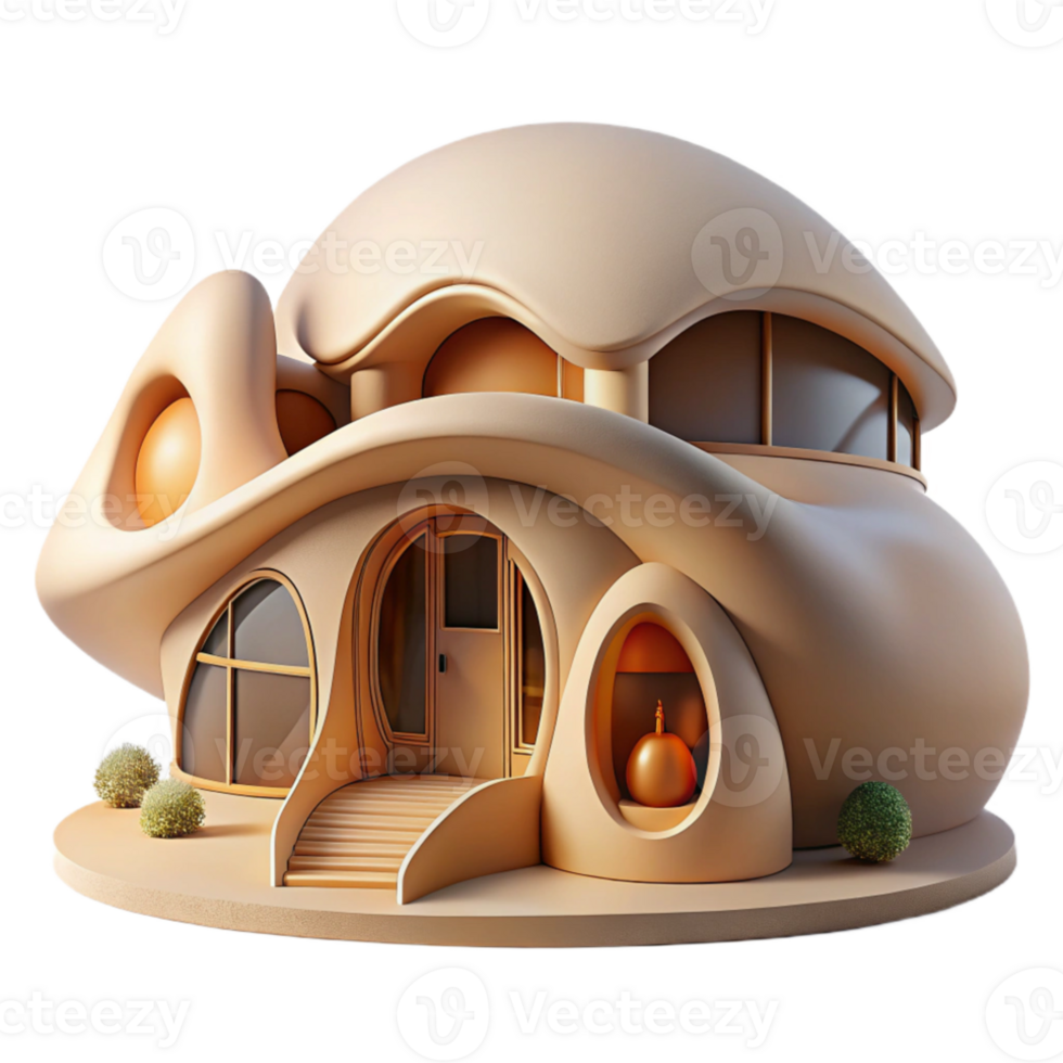 dramatic creative Organic architecture house, flowing curves, natural materials, soft diffused lighting, warm style professional png