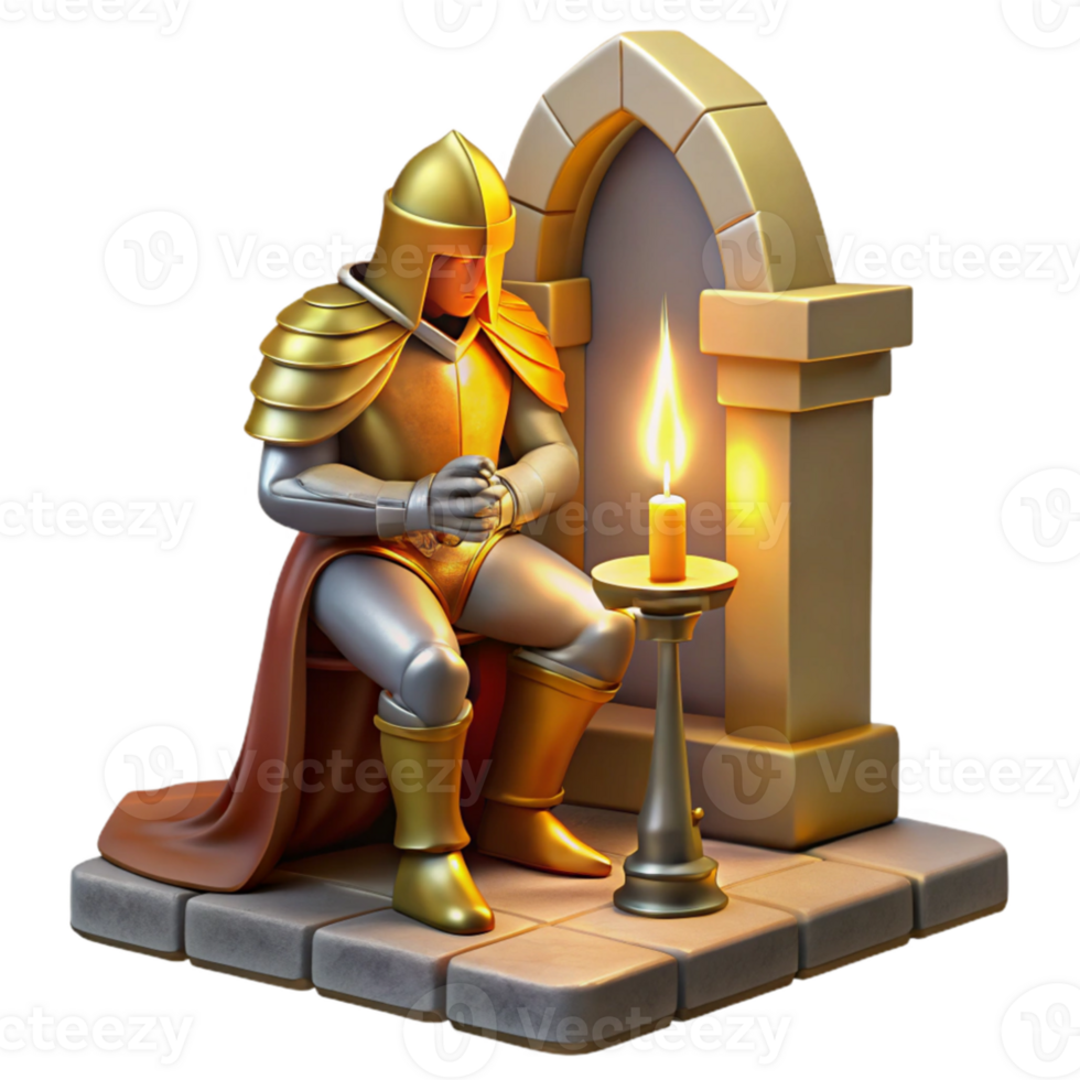 magnificent traditional A lone knight kneeling before a mystical altar, holding a holy sword, bathed in a divine, golden light. Medieval fantasy, painting style high resolution png
