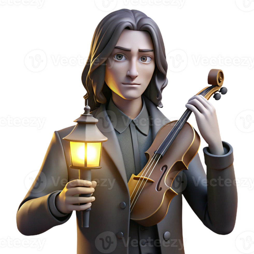 dramatic modern Portrait of a melancholic musician with long dark hair, holding a violin, lit by a dim streetlight, in a noir art style 4K png