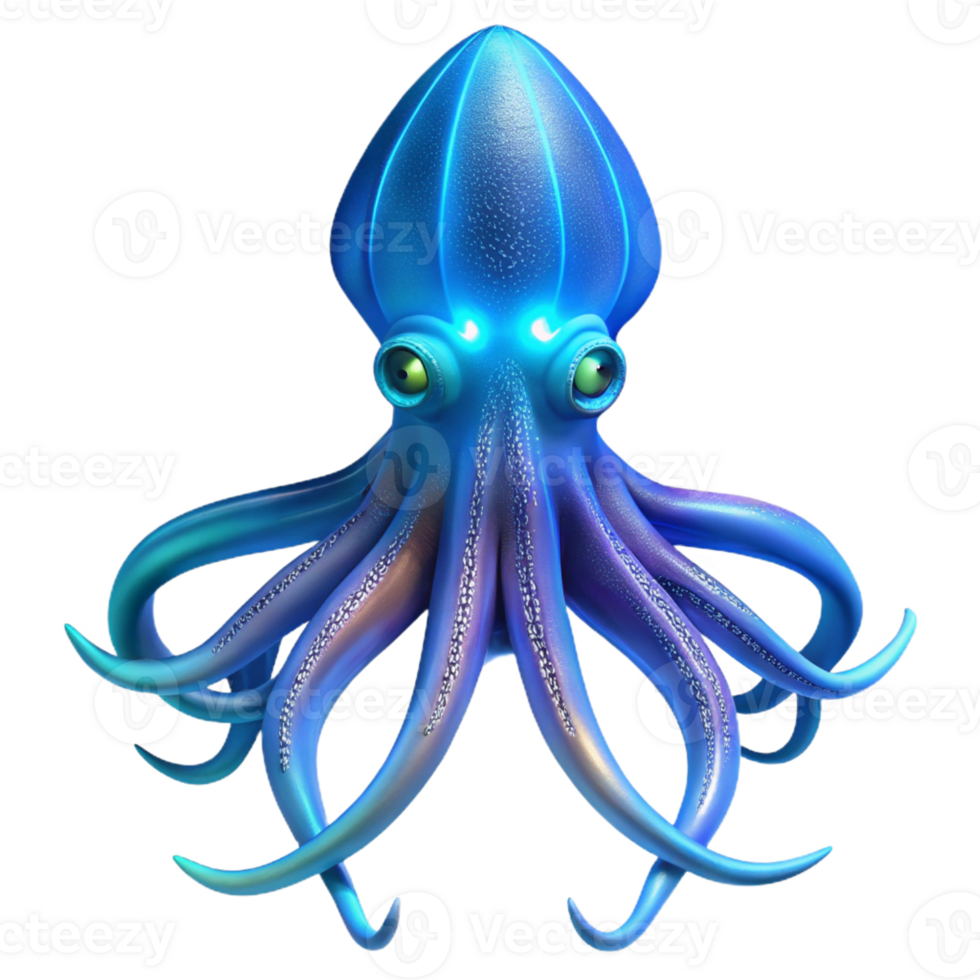 wonderful modern A colossal squid, bioluminescent, with intricate, glowing patterns on its skin, lit by the faint blue light of a deep-sea vent, hyperrealistic style, 8k, 4K png