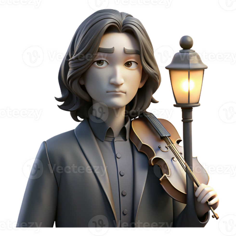 impressive vintage Portrait of a melancholic musician with long dark hair, holding a violin, lit by a dim streetlight, in a noir art style exclusive png