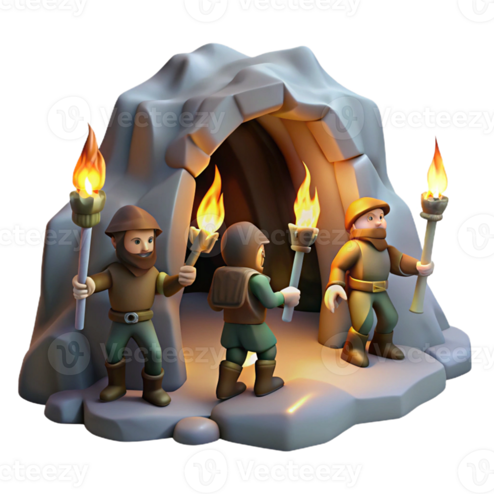 extraordinary classic A group of adventurers exploring a dark cave, carrying torches, lit by the flickering flames. Classic fantasy, realistic style high resolution png