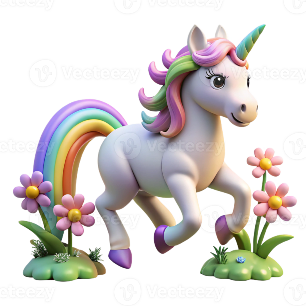 wonderful artistic A playful unicorn prancing through a field of wildflowers, rainbow lighting, fantasy art, whimsical style authentic png