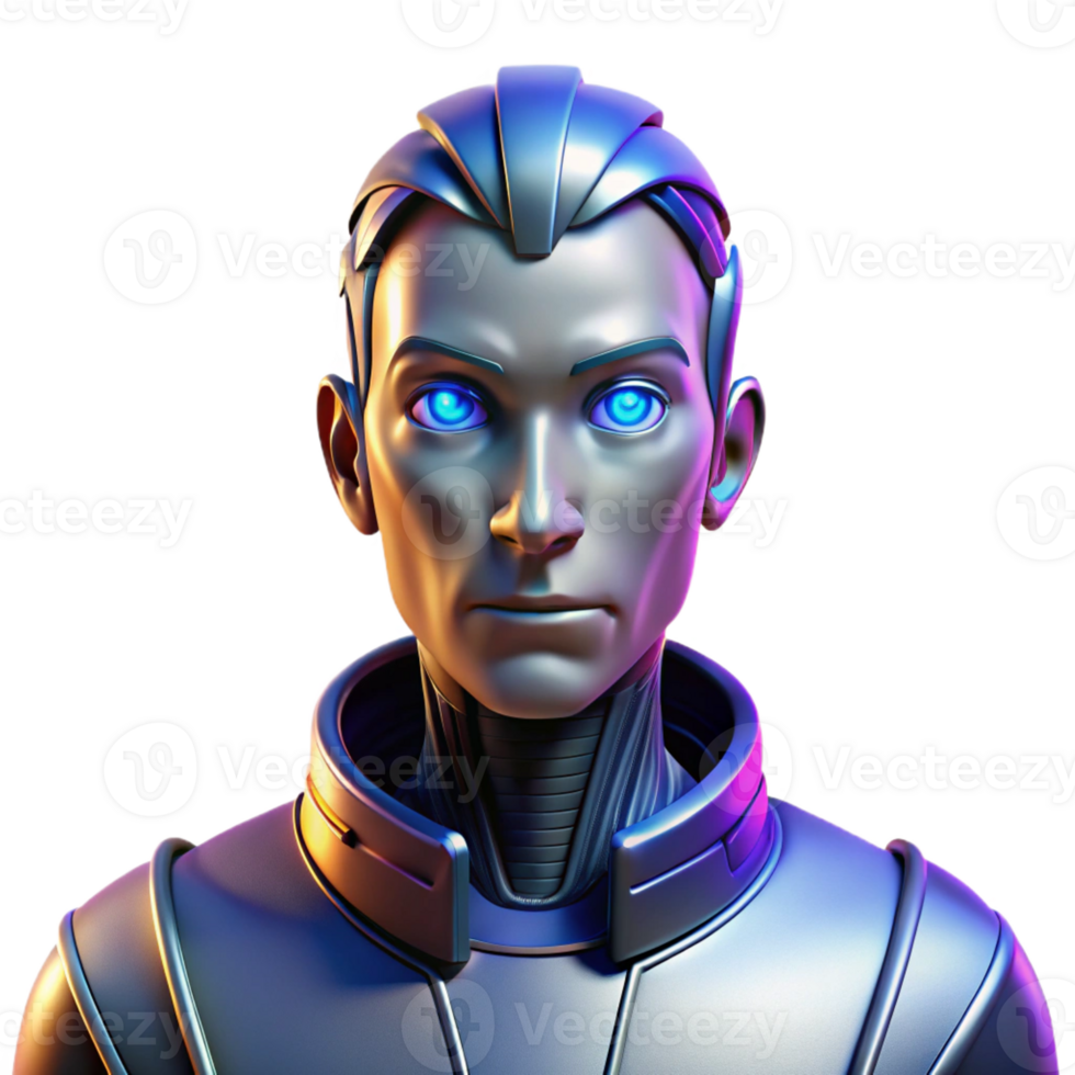 beautiful abstract Portrait of a futuristic android with sleek metallic features, glowing eyes, and a stoic expression, lit by neon lights, in a cyberpunk art style genuine png