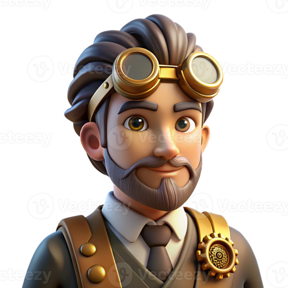 wonderful classic Portrait of a steampunk inventor with goggles and gears, illuminated by warm, industrial lighting, in a steampunk style authentic png