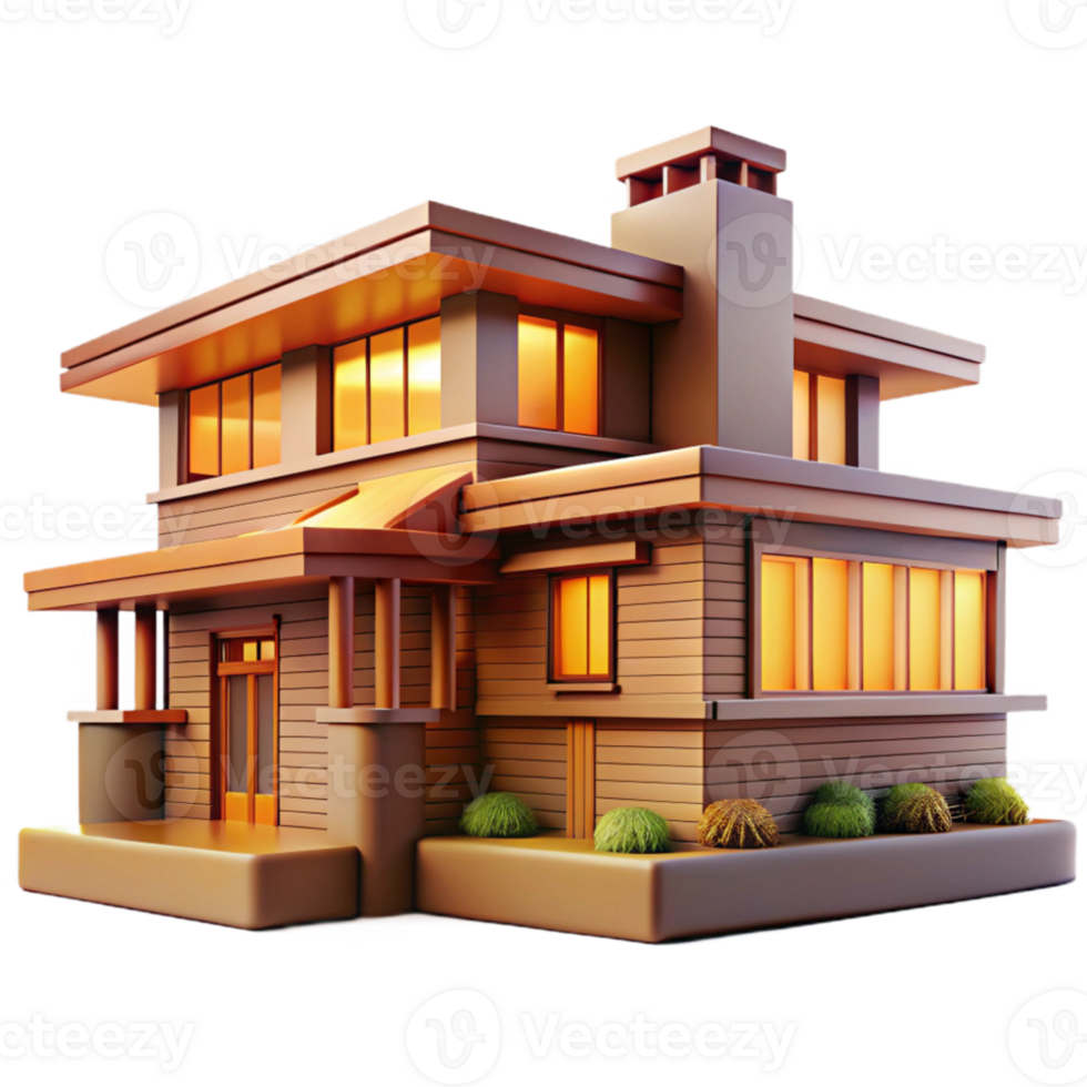 stunning contemporary Frank Lloyd Wright house, prairie style, horizontal lines, natural materials, integration with nature, warm light premium png