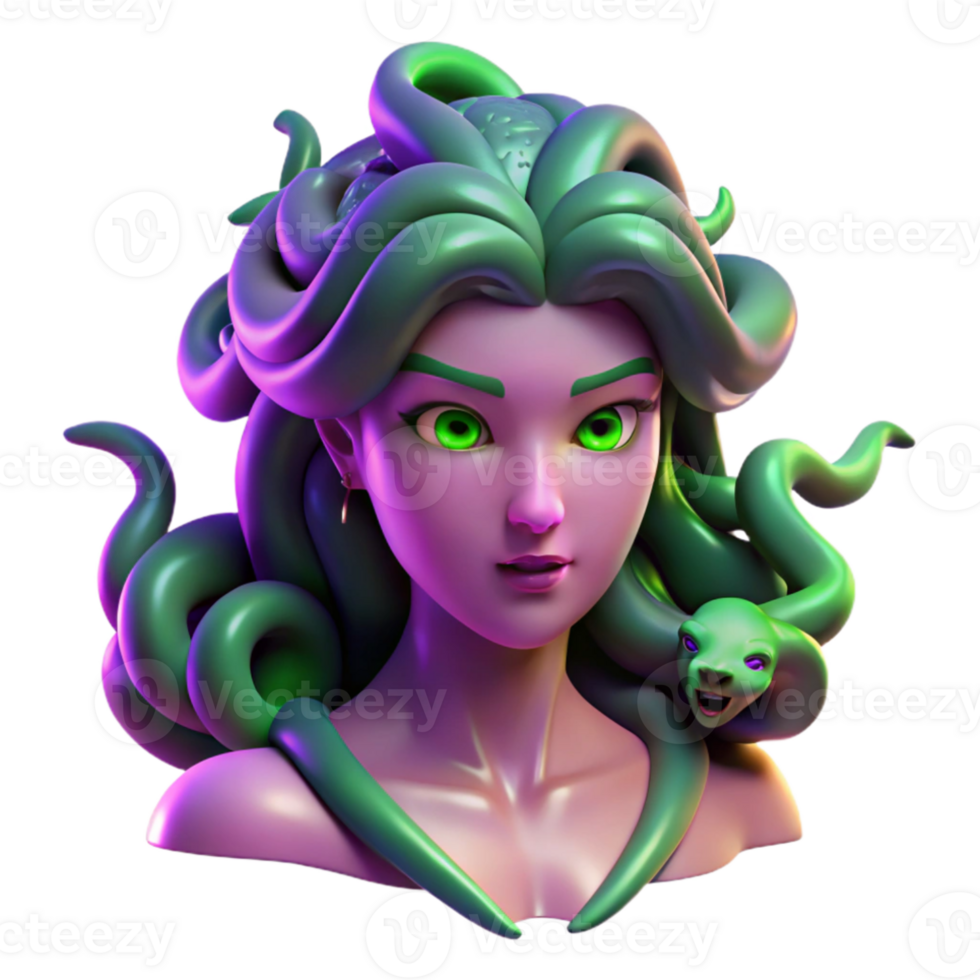 impressive rustic A beautiful Medusa, with snakes of emerald green, her gaze turning a nearby statue to stone, lit by an eerie, purple light. Symbolism style high quality png