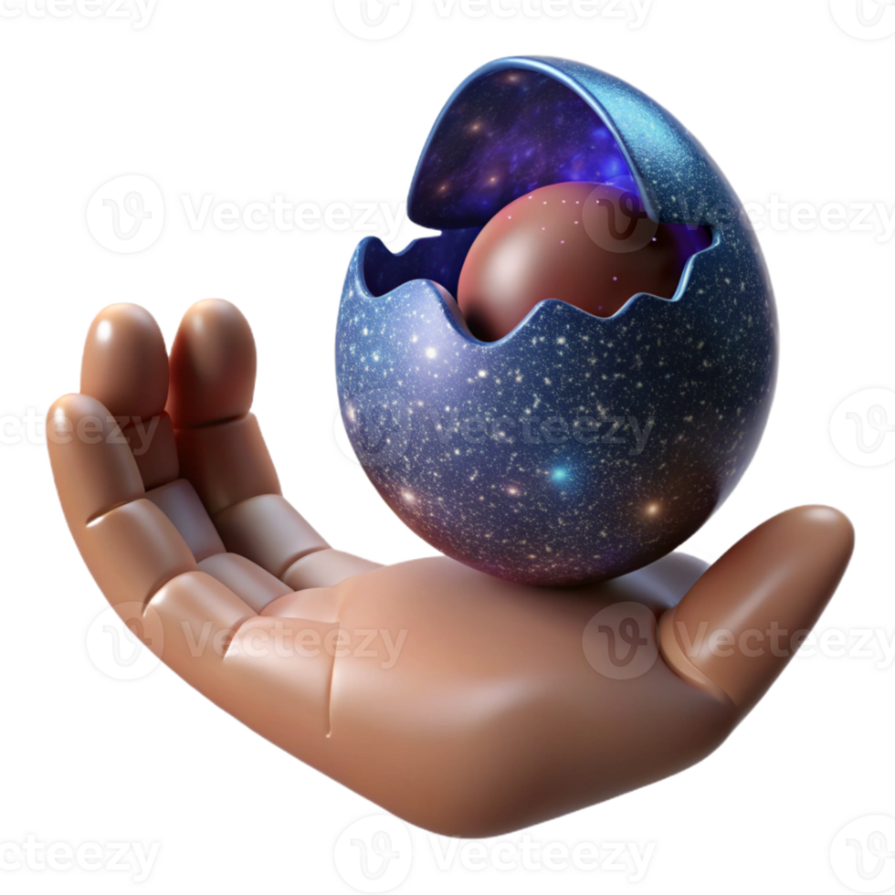 magnificent rustic A human hand emerging from a cracked eggshell holding a miniature galaxy. Chiaroscuro lighting professional png