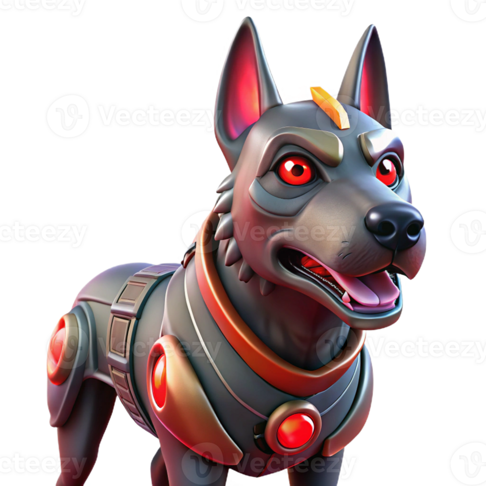 magnificent artistic A genetically modified canine with glowing red eyes and cybernetic implants, guarding a futuristic warehouse, its fur bristling with aggression exclusive png
