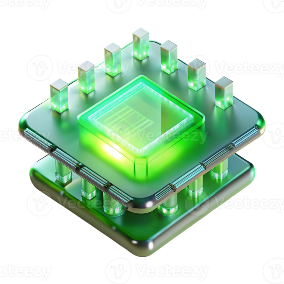 wonderful creative A levitating transparent computer chip with intricate circuitry, illuminated by glowing green light, in a minimalist style high resolution png