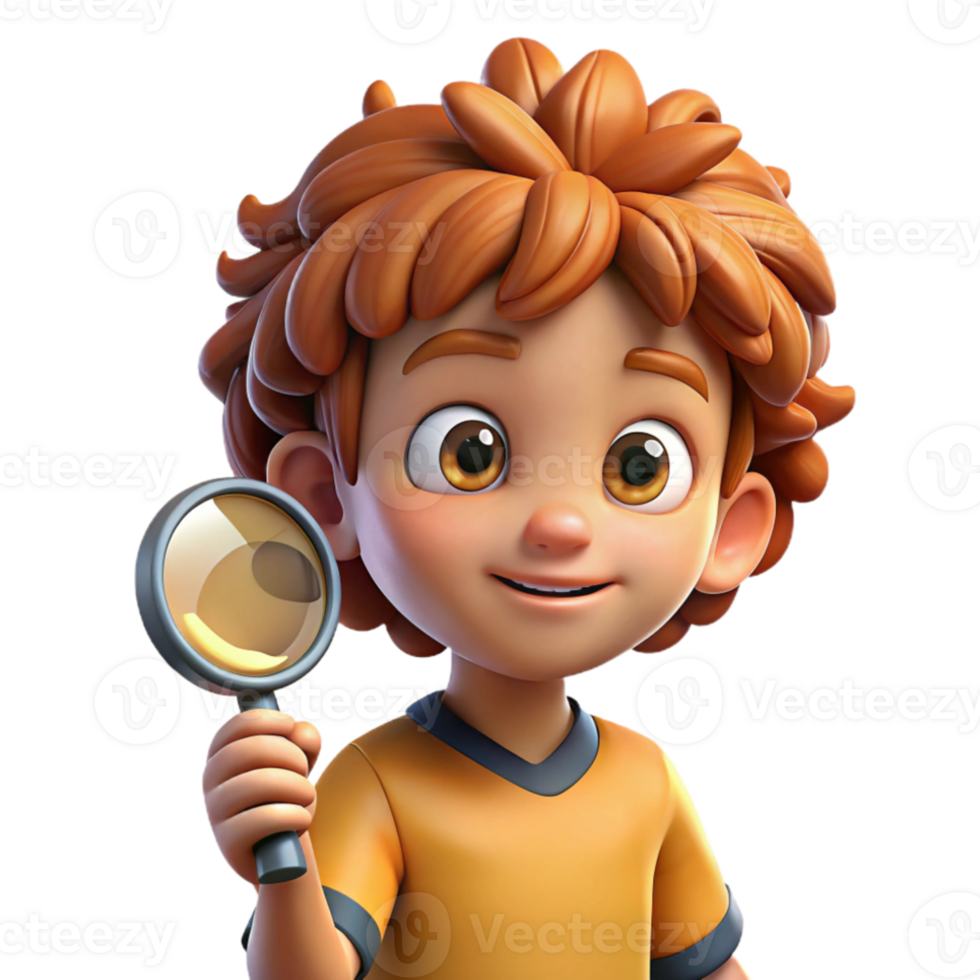 extraordinary abstract Portrait of a curious child with wide eyes and messy hair, holding a magnifying glass, lit by warm sunlight, in a whimsical style 4K png