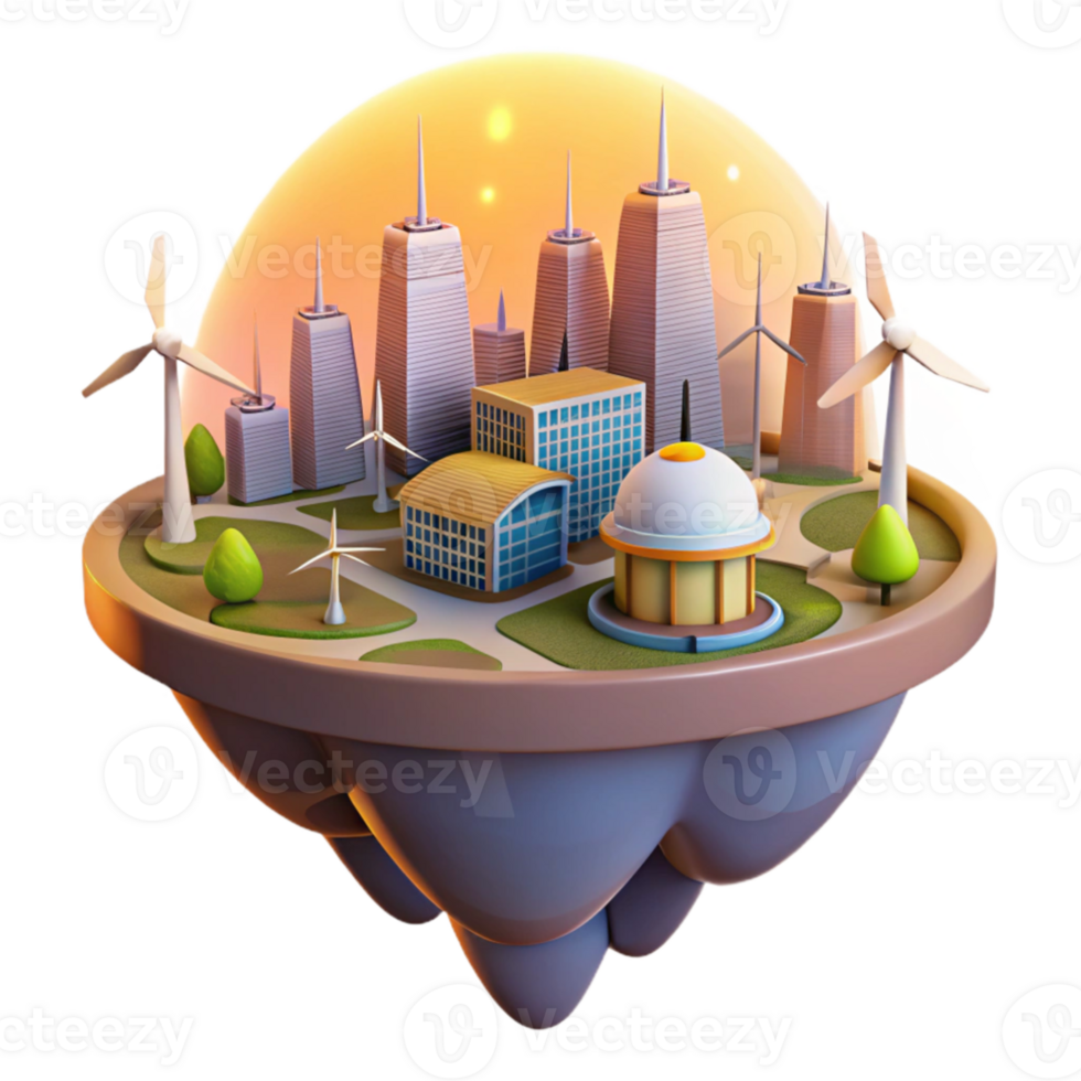 elegant creative A floating island city powered by wind turbines and solar panels, bathed in the warm glow of sunrise, in a utopian style detailed png