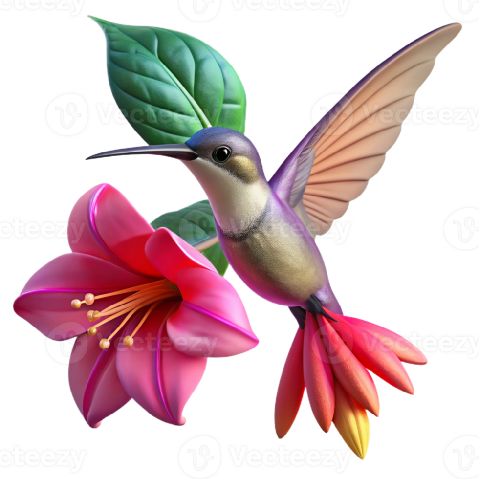 serene classic A hummingbird hovering near a vibrant fuchsia flower, dew-kissed petals sparkling in the morning sun, macro photography style genuine png