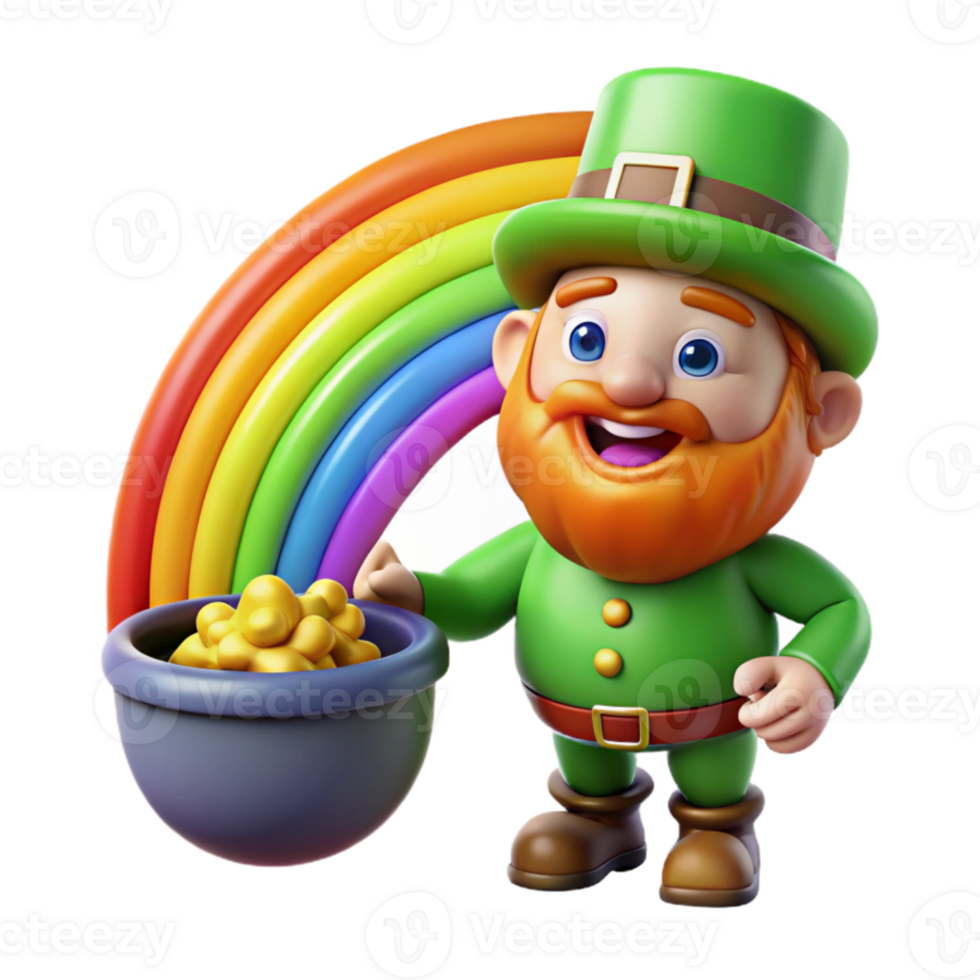 wonderful classic A mischievous leprechaun, guarding a pot of gold at the end of a rainbow, vibrant colors, whimsical style 4K png