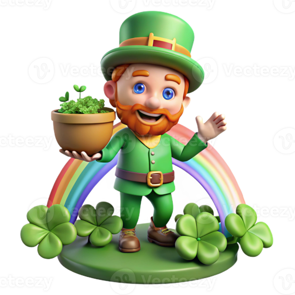 dramatic traditional A mischievous leprechaun, with a pot of gold at his feet, hiding amongst a patch of four-leaf clovers, lit by a rainbow. Cartoon style genuine png