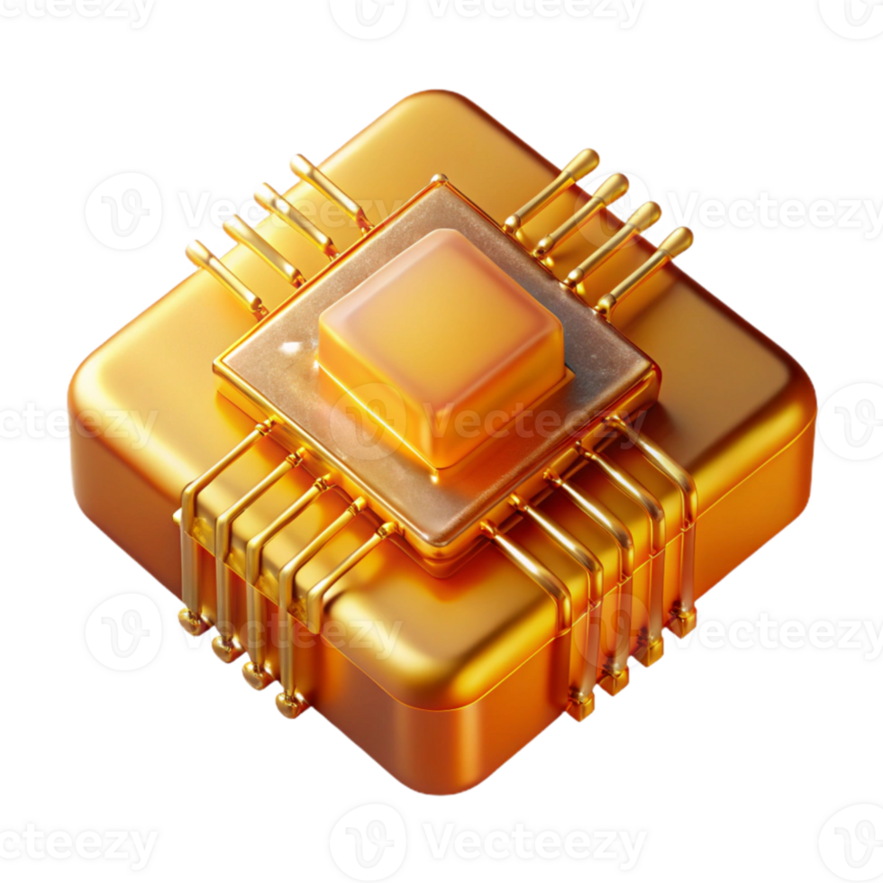 magnificent minimalist A single, levitating microchip with intricate golden circuitry etched onto its surface, reflecting a warm, amber light. Macro photography style high quality png