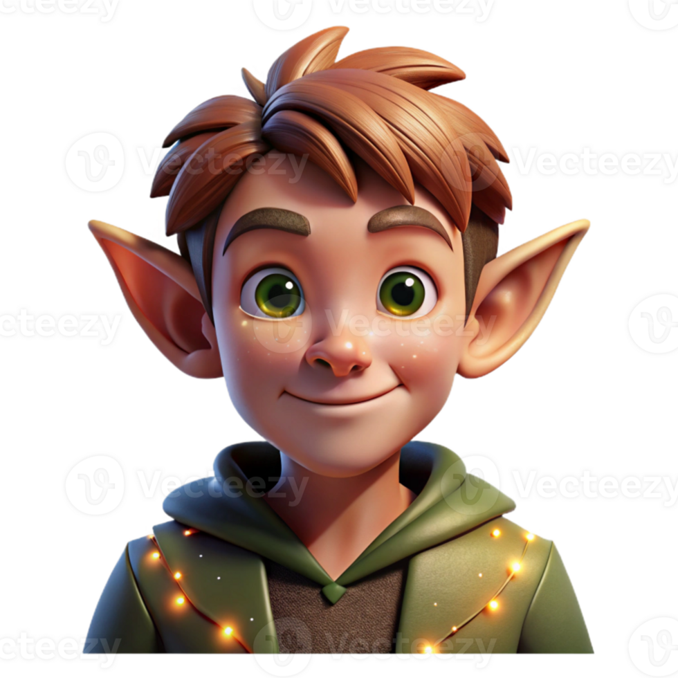 stunning modern Portrait of a mischievous elf with pointed ears and a playful smirk, lit by twinkling fairy lights, in a fantasy art style authentic png