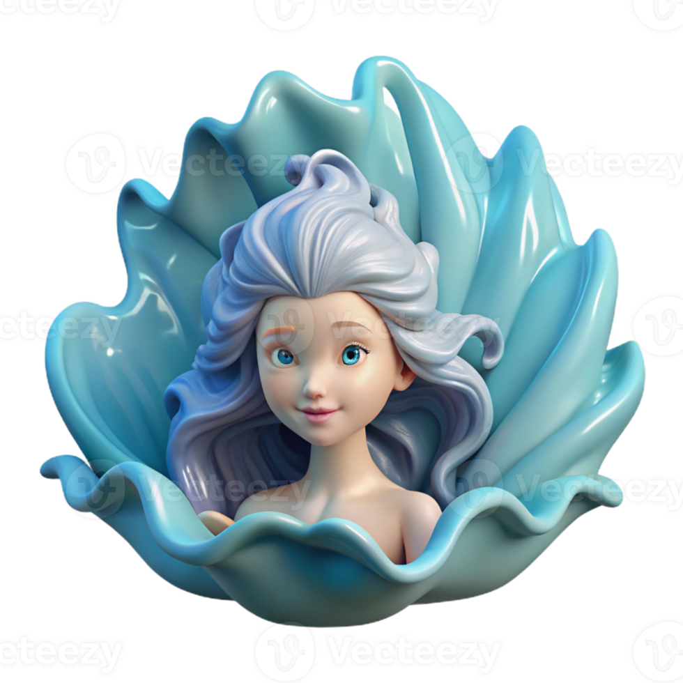 extraordinary modern A woman with hair made of flowing water emerges from a giant seashell. Surrealism style, cool, oceanic lighting 4K png