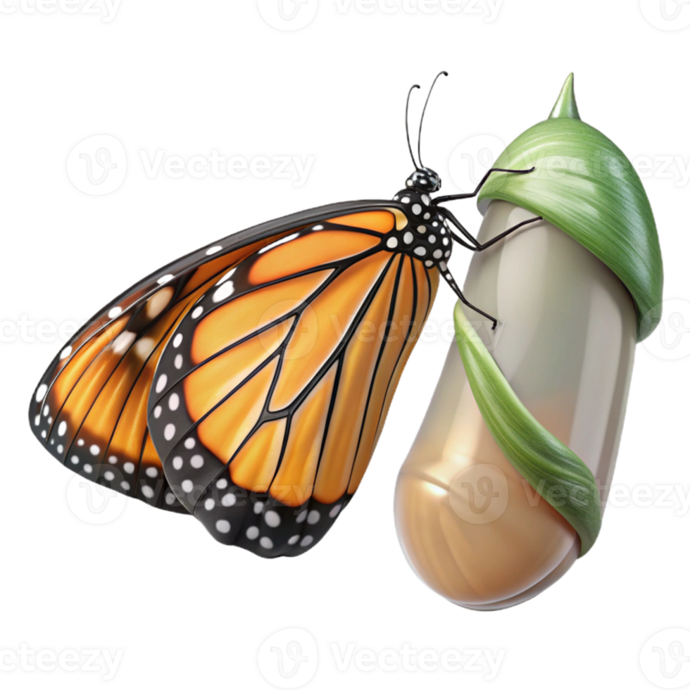 stunning contemporary A monarch butterfly emerging from its chrysalis, soft focused background, macro photography style exclusive png