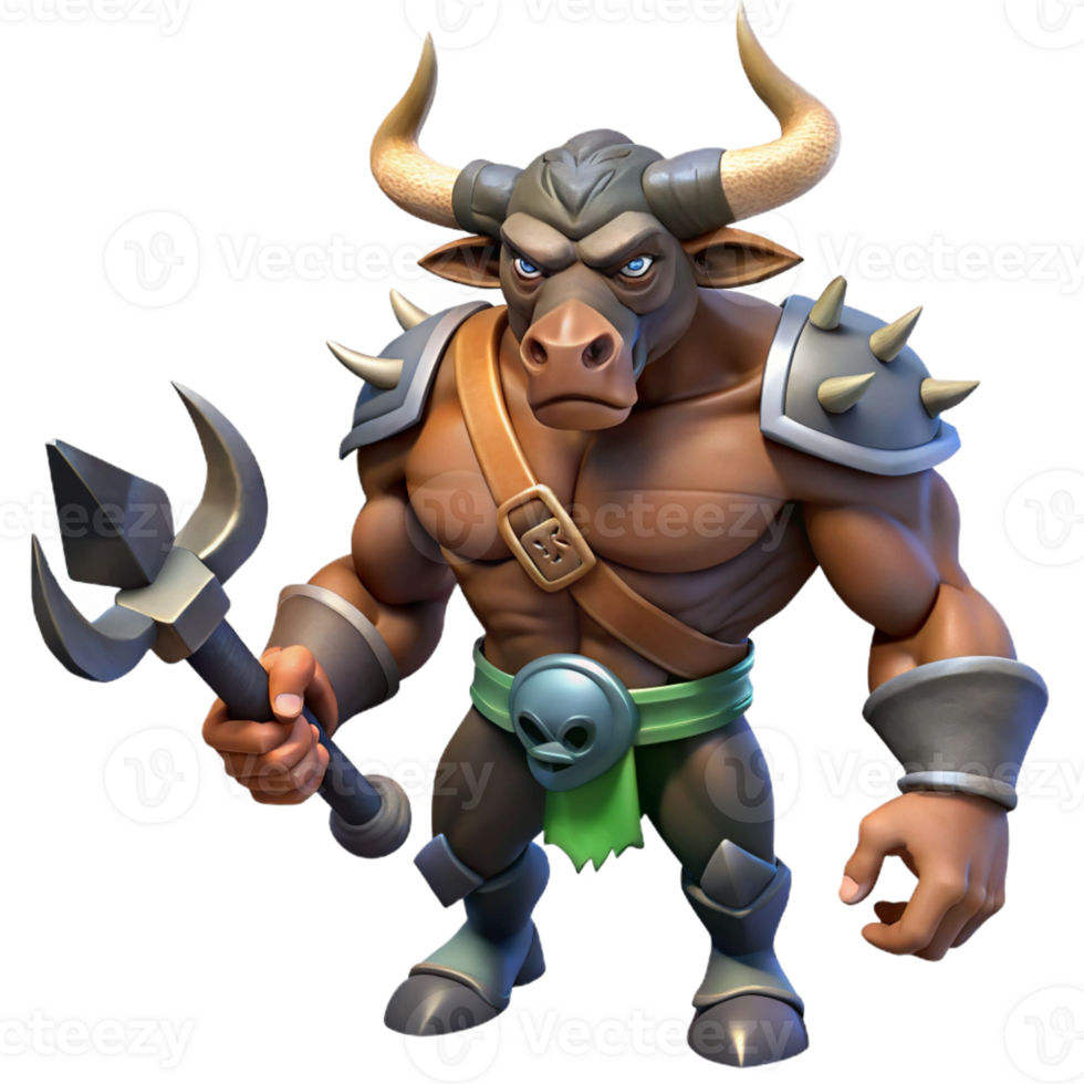 dramatic classic A fierce minotaur with the head of a bull and the body of a man, wielding a battleaxe, dark, dramatic lighting. Dark fantasy style high quality png