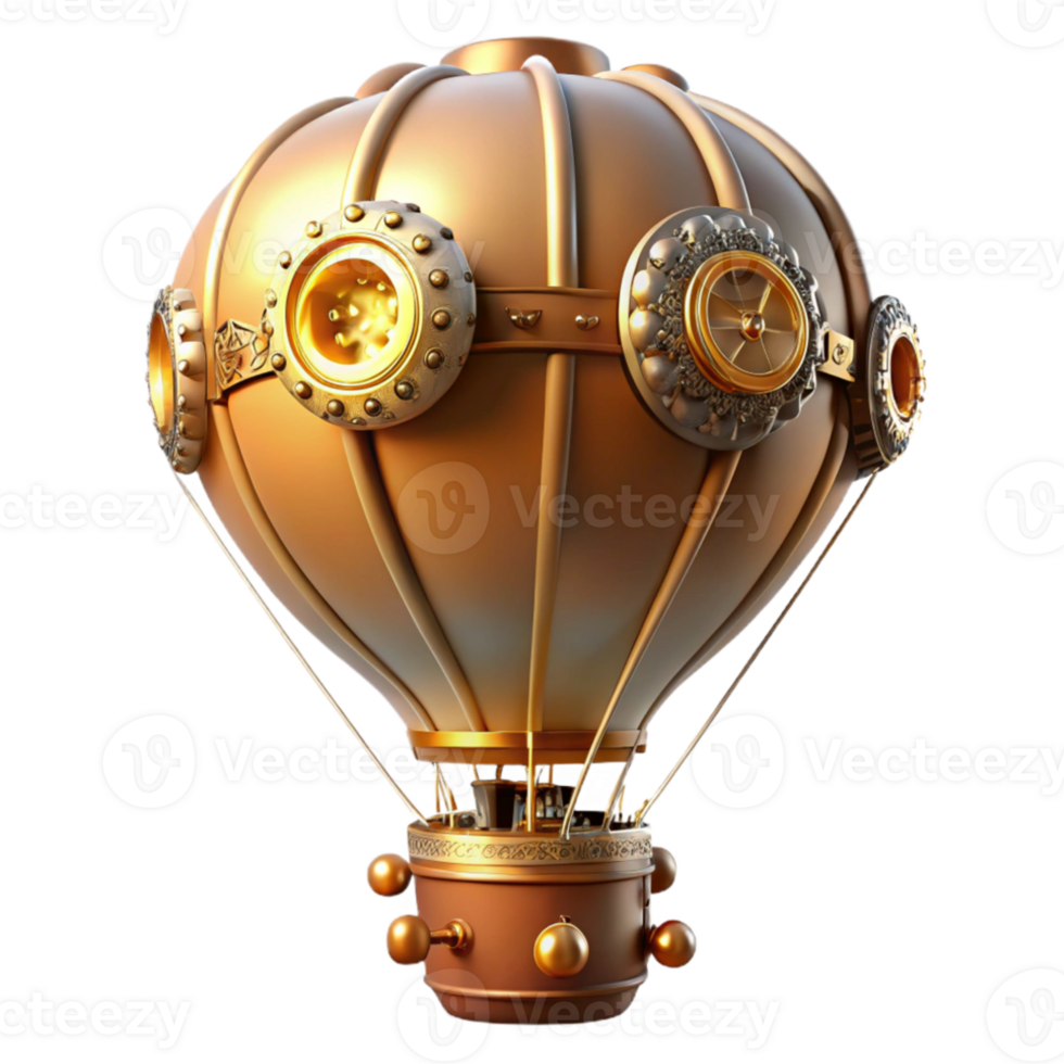 wonderful contemporary A steampunk-inspired hot air balloon, adorned with brass rivets, gears, and propellers, lit by the warm glow of a setting sun. Impressionist style authentic png