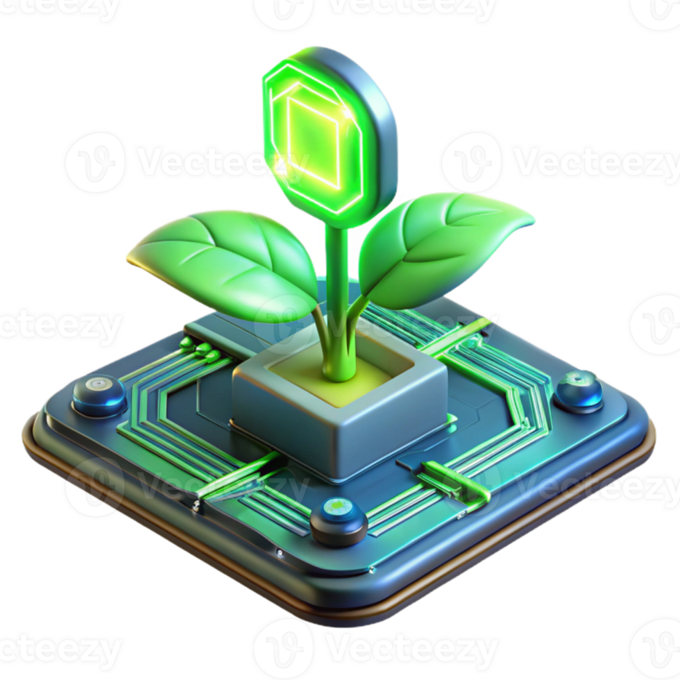 elegant abstract A bioluminescent plant growing on a futuristic circuit board, emitting a soft, green glow, illuminated by a dim, ambient light. Biopunk style genuine png
