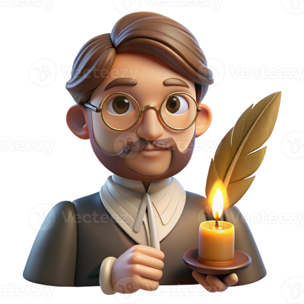 serene abstract Portrait of a pensive writer with spectacles and a quill pen, illuminated by warm candlelight, in a vintage style premium png
