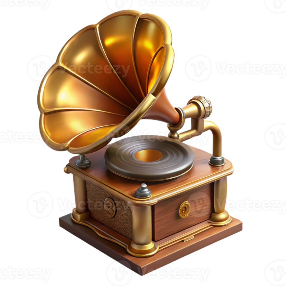 beautiful traditional A steampunk gramophone, with a large brass horn and intricate carvings, playing a vinyl record, lit by a warm, nostalgic light exclusive png