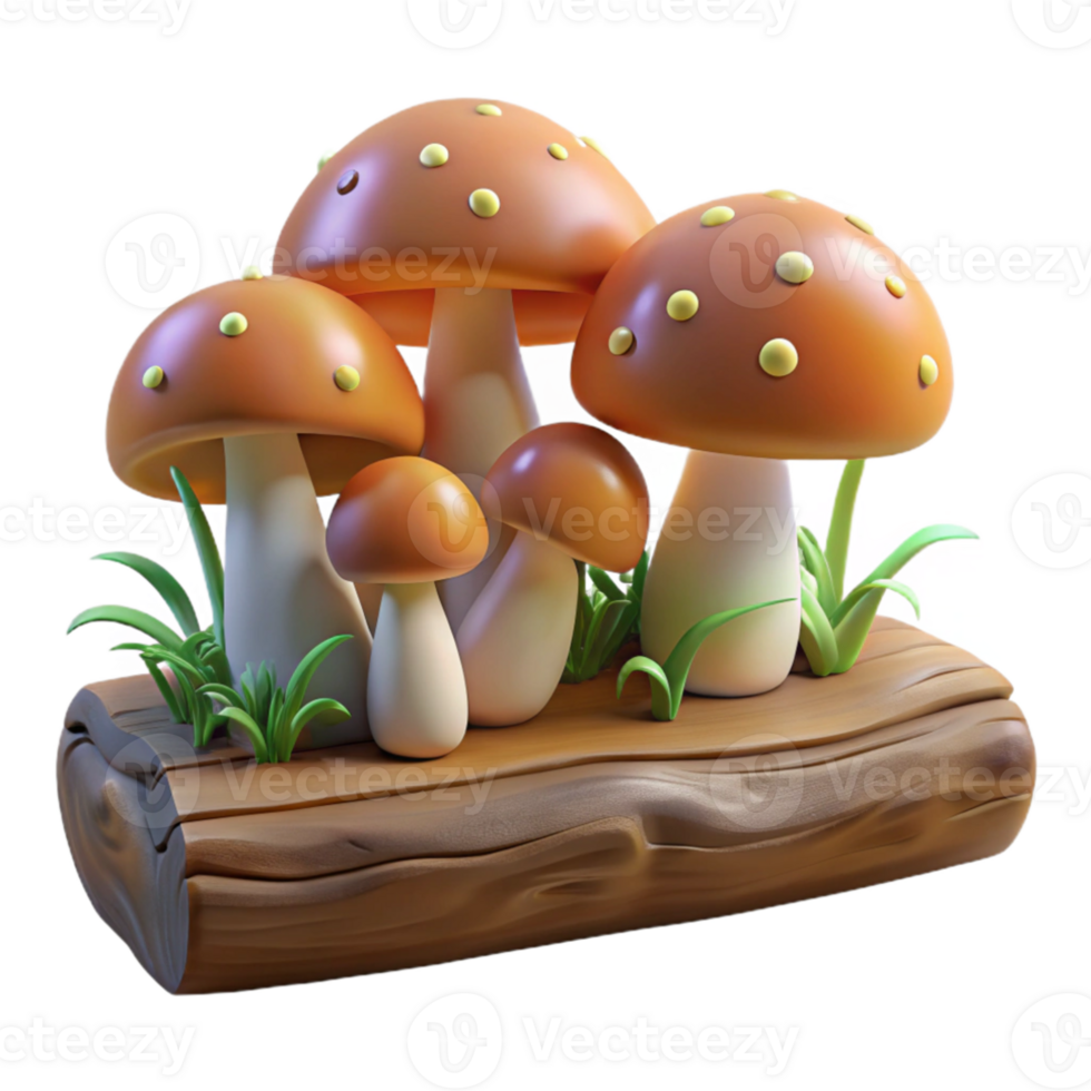 stunning rustic A group of mushrooms growing on a log, forest floor setting, soft lighting, realistic style authentic png