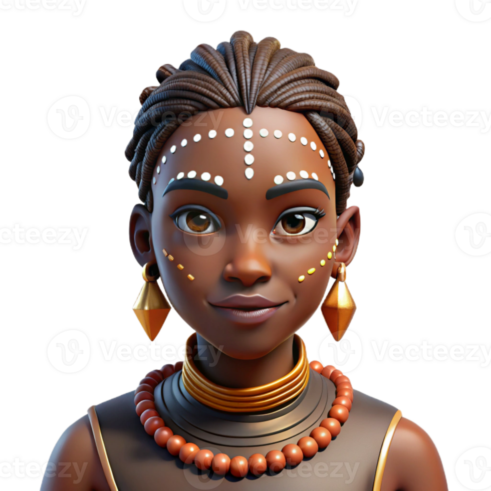 magnificent abstract Portrait of an African tribal woman with intricate face paint and traditional jewelry, lit by soft, natural light, in a cultural portrait style detailed png