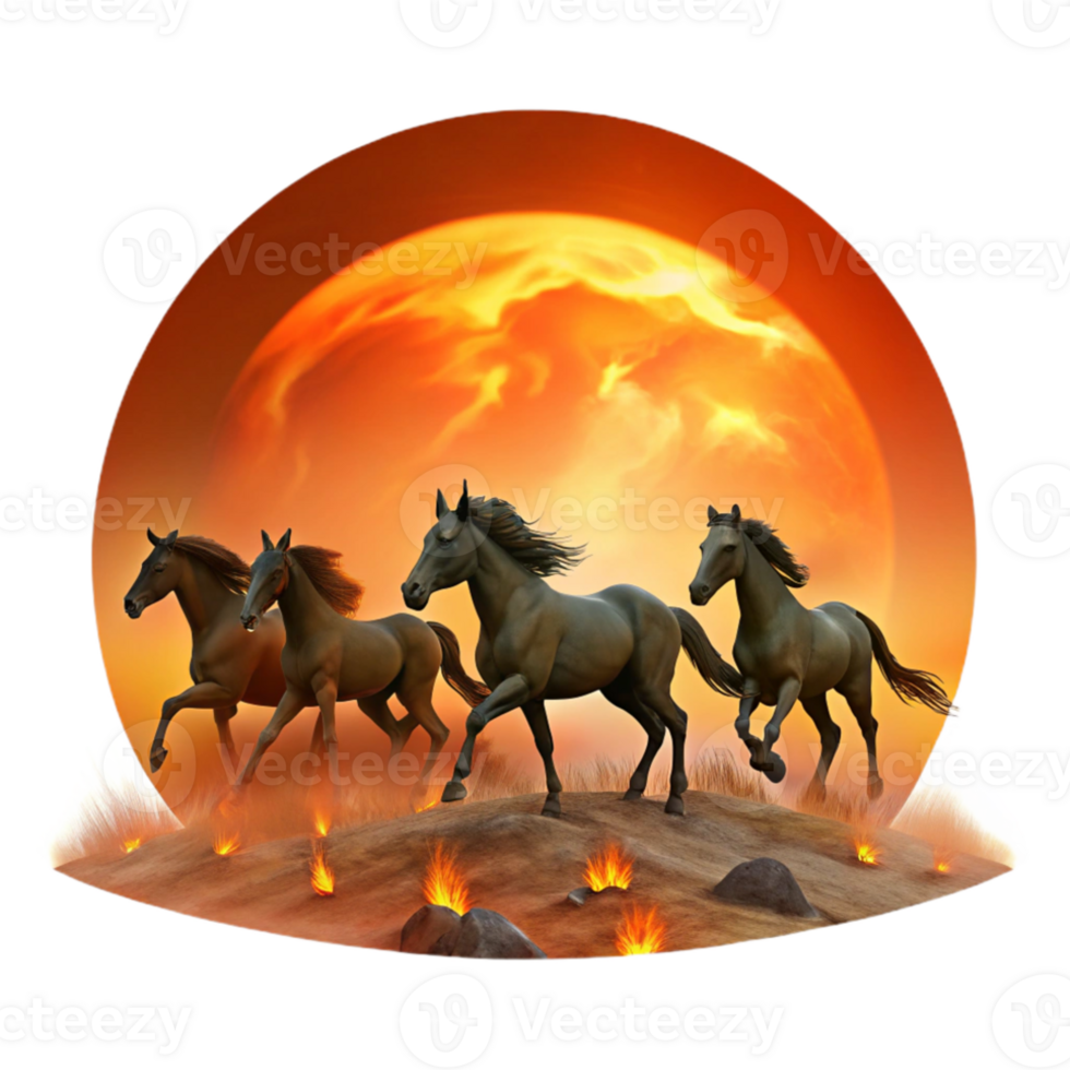 vibrant abstract A herd of wild mustangs galloping across a vast, open plain, silhouetted against a fiery sunset, in a dynamic, western art style professional png
