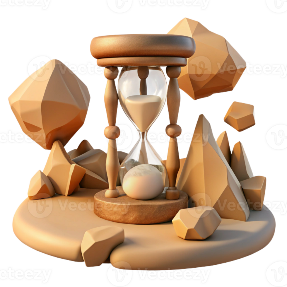 wonderful rustic A desert landscape with floating rocks and a giant, cracked hourglass. Surrealism style original png