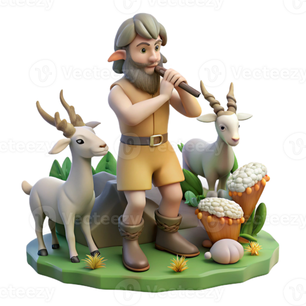 magnificent contemporary Pan, god of the wild, with goat legs and horns, playing his pan flute, surrounded by frolicking animals, pastoral scene, Rococo style original png