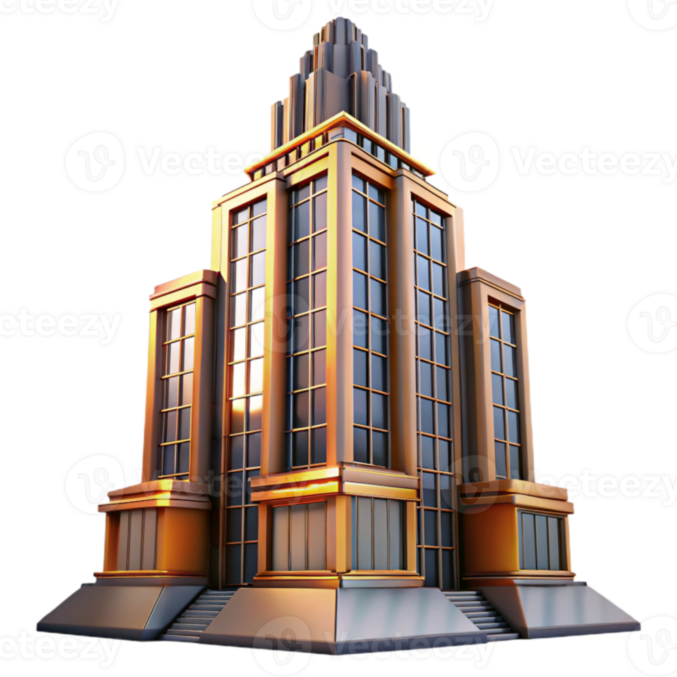 magnificent modern Art Deco skyscraper, intricate geometric facade, chrome details, sunset lighting, volumetric lighting, cinematic style high resolution png