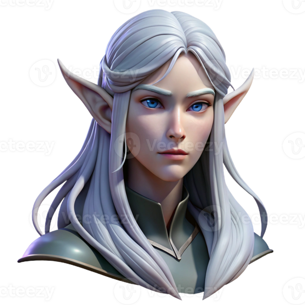 vibrant artistic Portrait of a majestic elf with long flowing silver hair, ethereal features, and a serene expression, lit by moonlight, in a fantasy art style genuine png