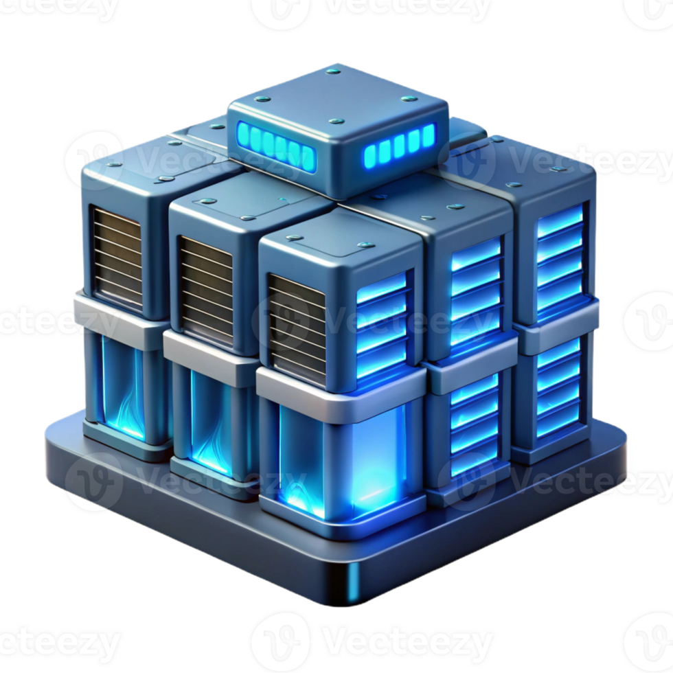 beautiful artistic A futuristic data center with rows of servers glowing with activity, illuminated by cool blue light, in a photorealistic style original png